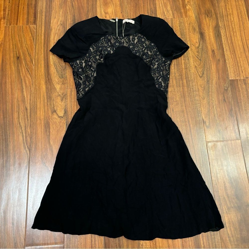 Rebecca Taylor Crepe & Lace black lace detail short sleeve dress NWT